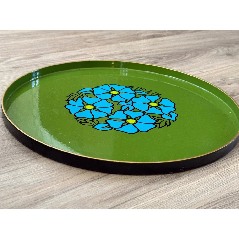 Vintage CTO Japan Serving Tray Avocado Green Blue‎ Floral Mid Century 12 in